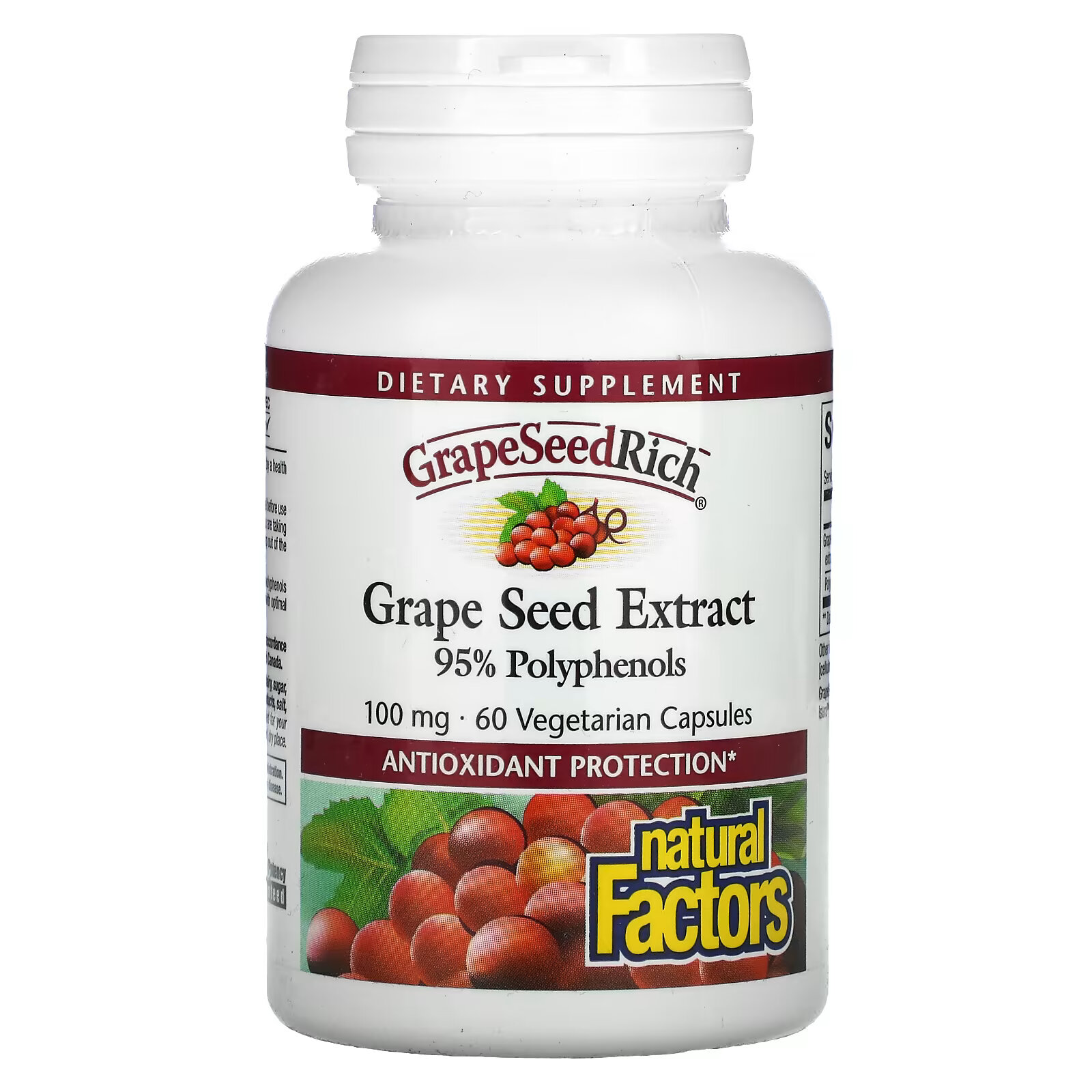 Natural Factors, GrapeSeedRich, экстракт виноградных косточек, 100 мг, 60 вегетарианских капсул natural factors wellbetx экстракт шелковицы 100 мг 90 капсул