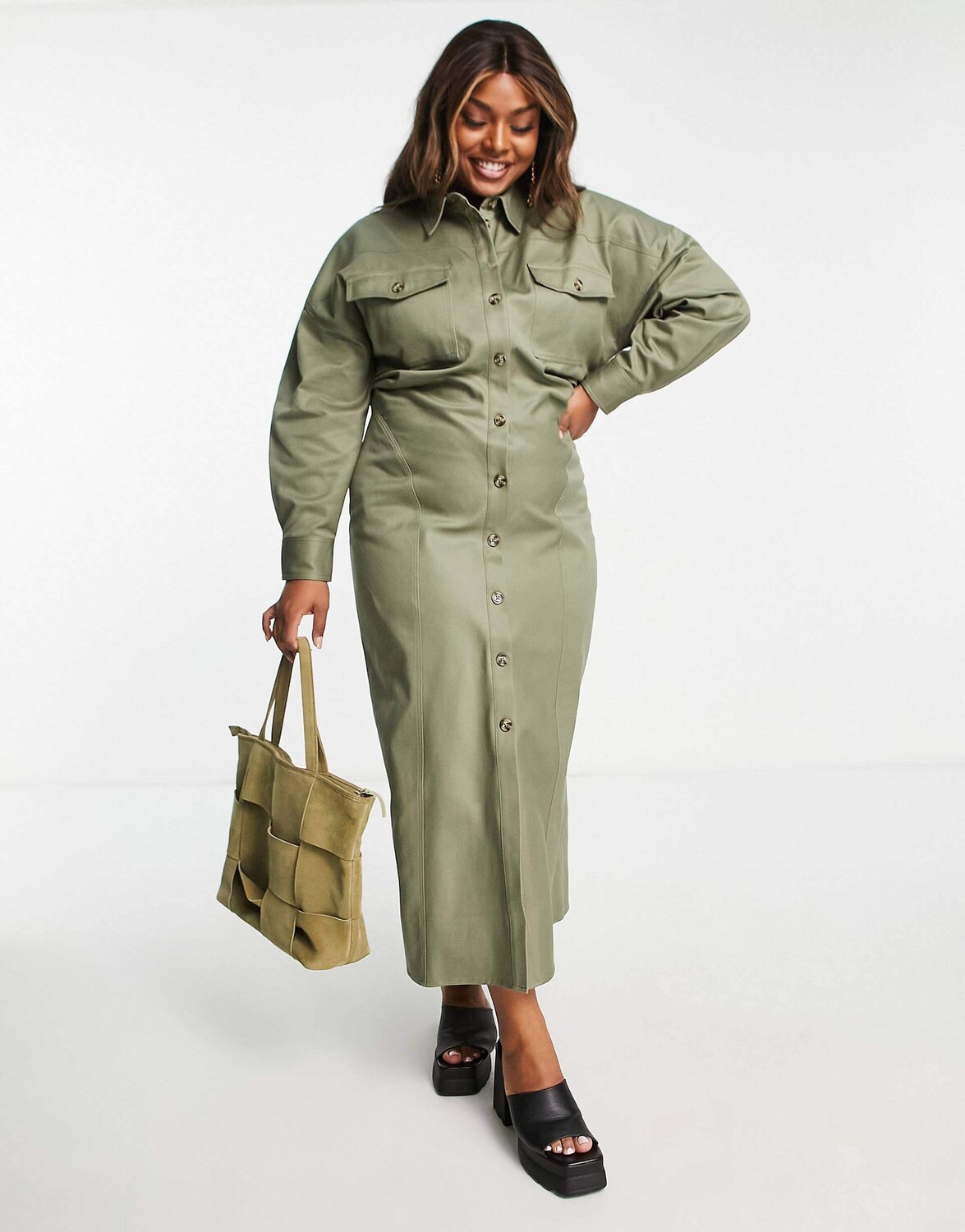 

Платье-рубашка миди из твила Asos Design Curve, хаки (Размер 2XL)