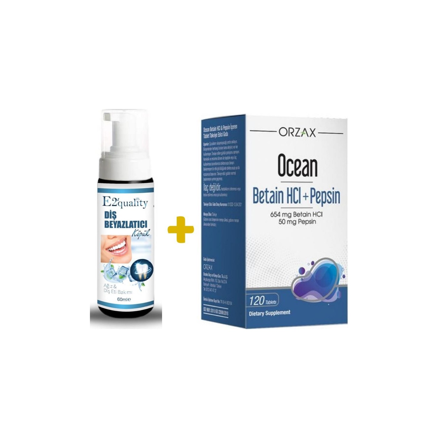 Отбеливающая пена для зубов Orzax E2' Quality + Пищевая добавка Orzax Ocean Betaine Hci+ Pepsin Supplementary Food, 120 таблеток