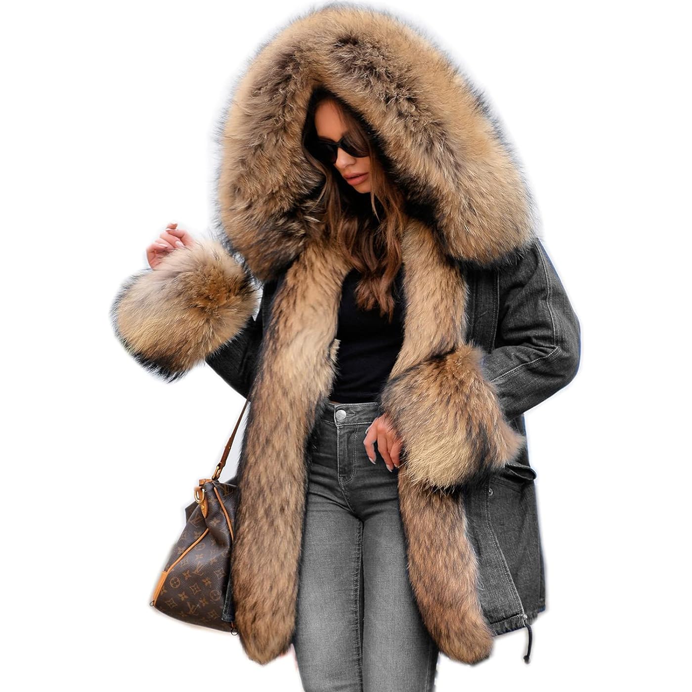 Парка Aofur Long Warm Denim Winter Faux Fur Collar Qulited Women's, серый/бежевый