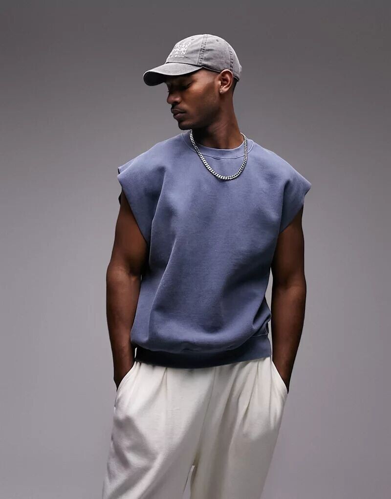 

Голубая толстовка оверсайз с отрезанными рукавами Topman
