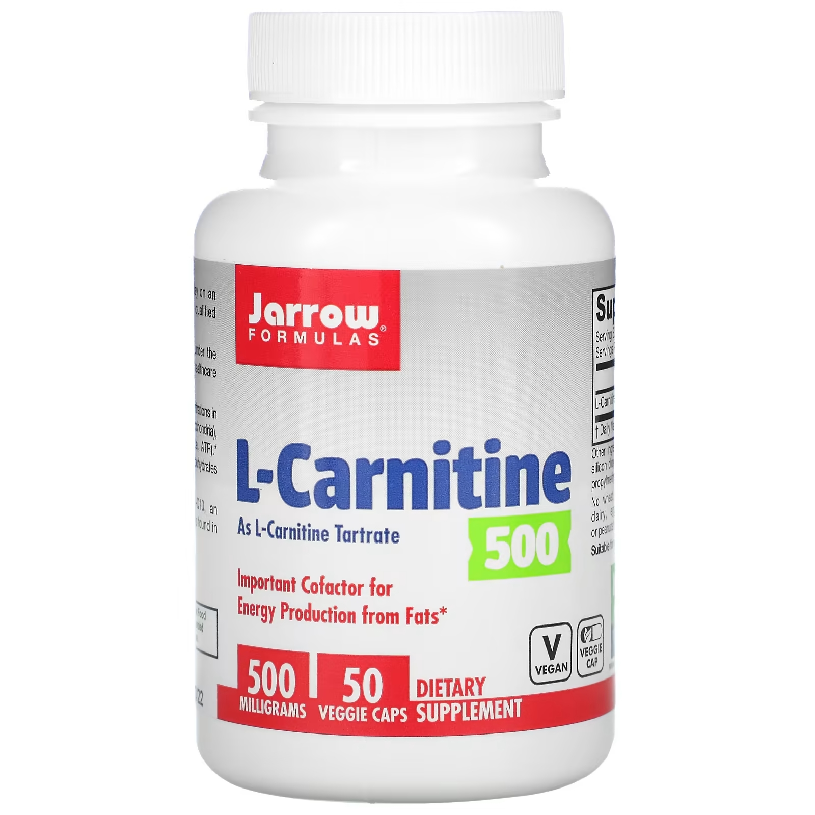 Jarrow Formulas L-карнитин, 500, 500 мг, 50 вегетарианских капсул