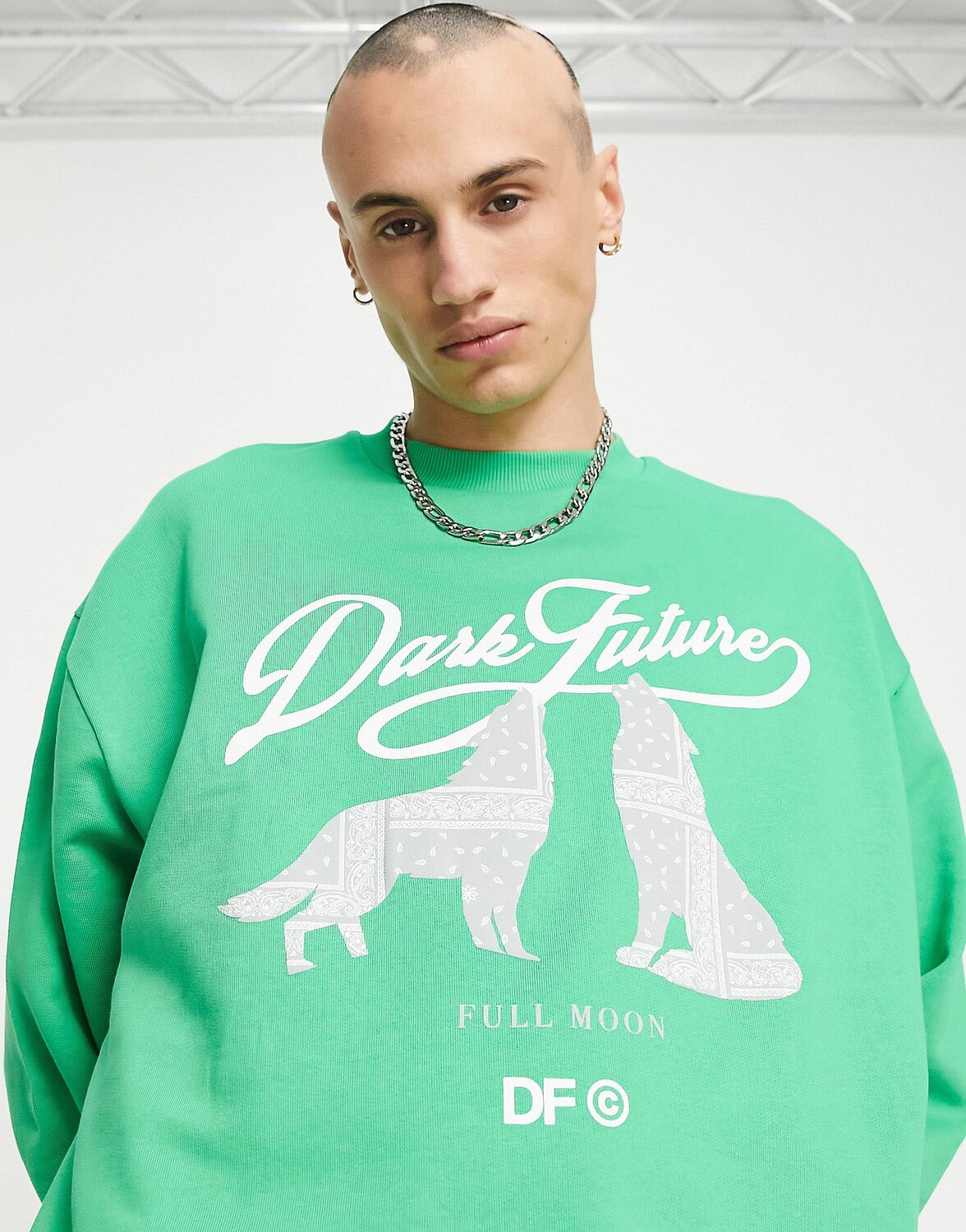 

Зеленая толстовка оверсайз с принтом волка спереди ASOS Dark Future
