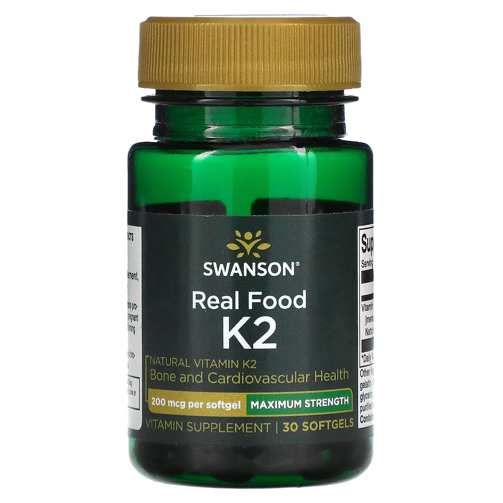 Swanson, Maximum Strength, Real Food K2, 200 мкг, 30 мягких таблеток swanson натуральный витамин k2 100 мкг 30 мягких таблеток