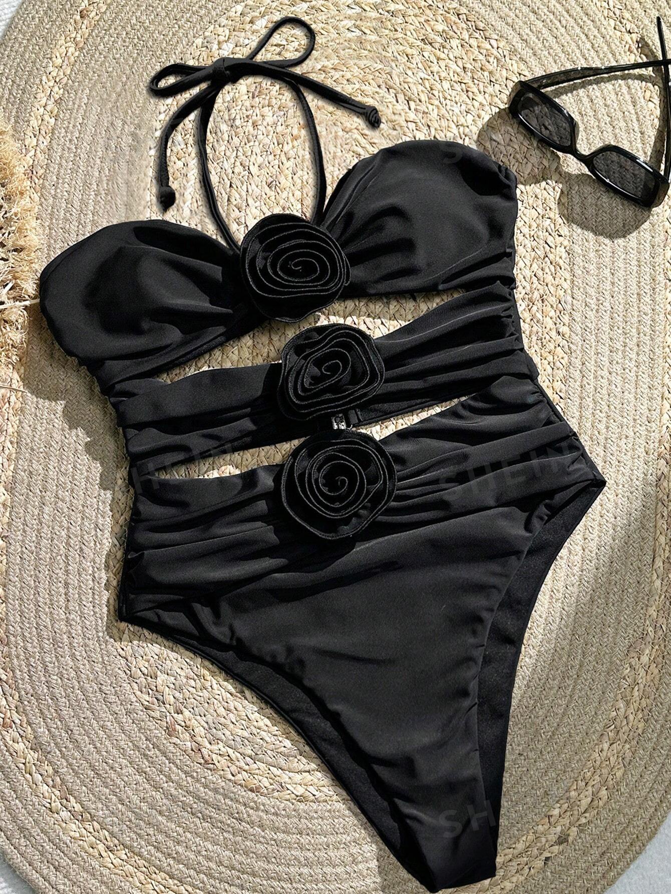 цена Bikinx сплошной цвет сексуальный ажурный купальник монокини с 3d цветочными деталями и вырезом на шее для женщин, черный