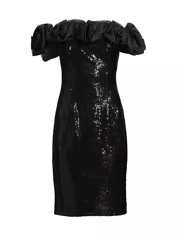 Платье-футляр с открытыми плечами и оборками из пайеток Aidan Mattox, черный цена и фото
