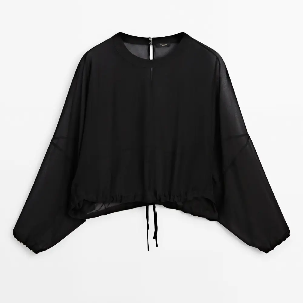 

Блузка Massimo Dutti Semi-sheer With Tie Detail, черный