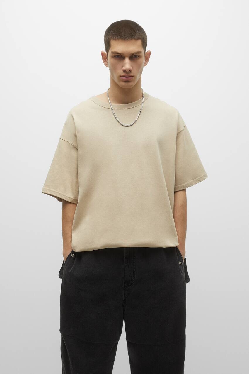

Тяжелая футболка с короткими рукавами Pull&Bear, песочный, Бежевый