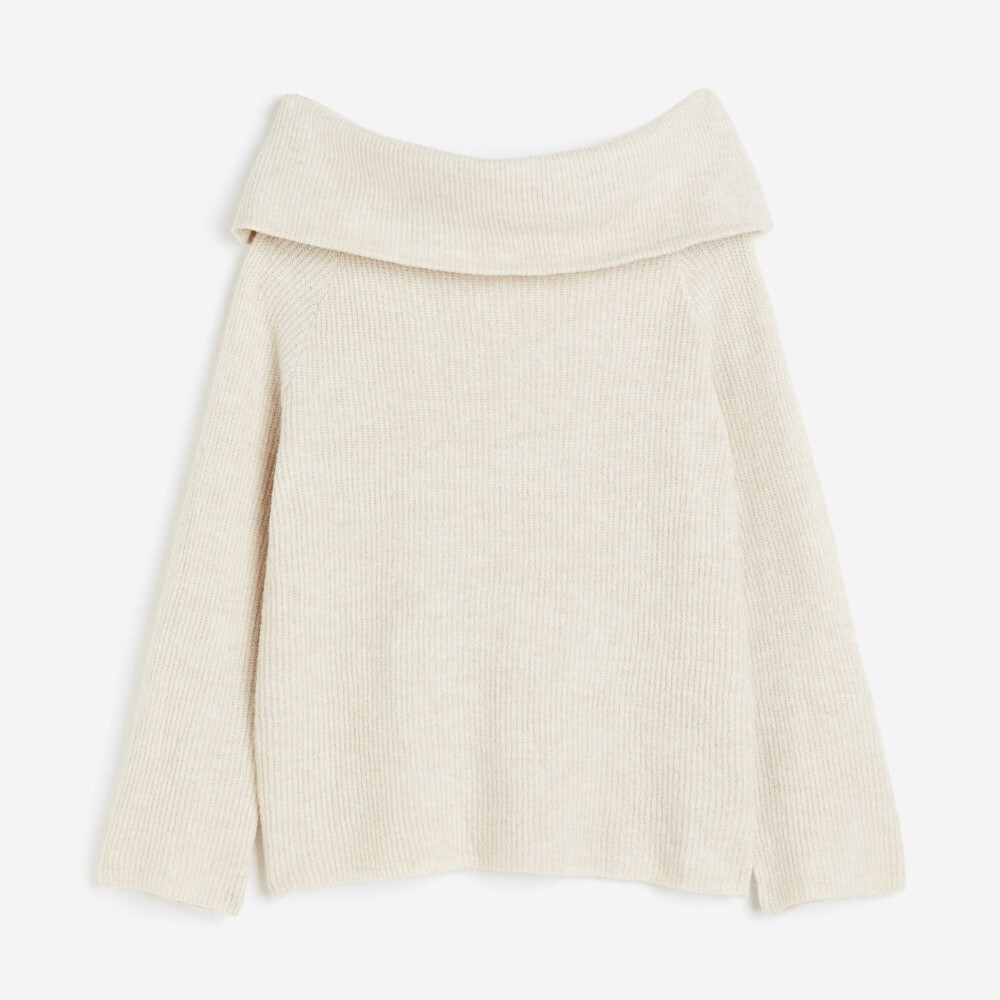 

Свитер H&M Rib-knit Off-the-shoulder, светло-бежевый