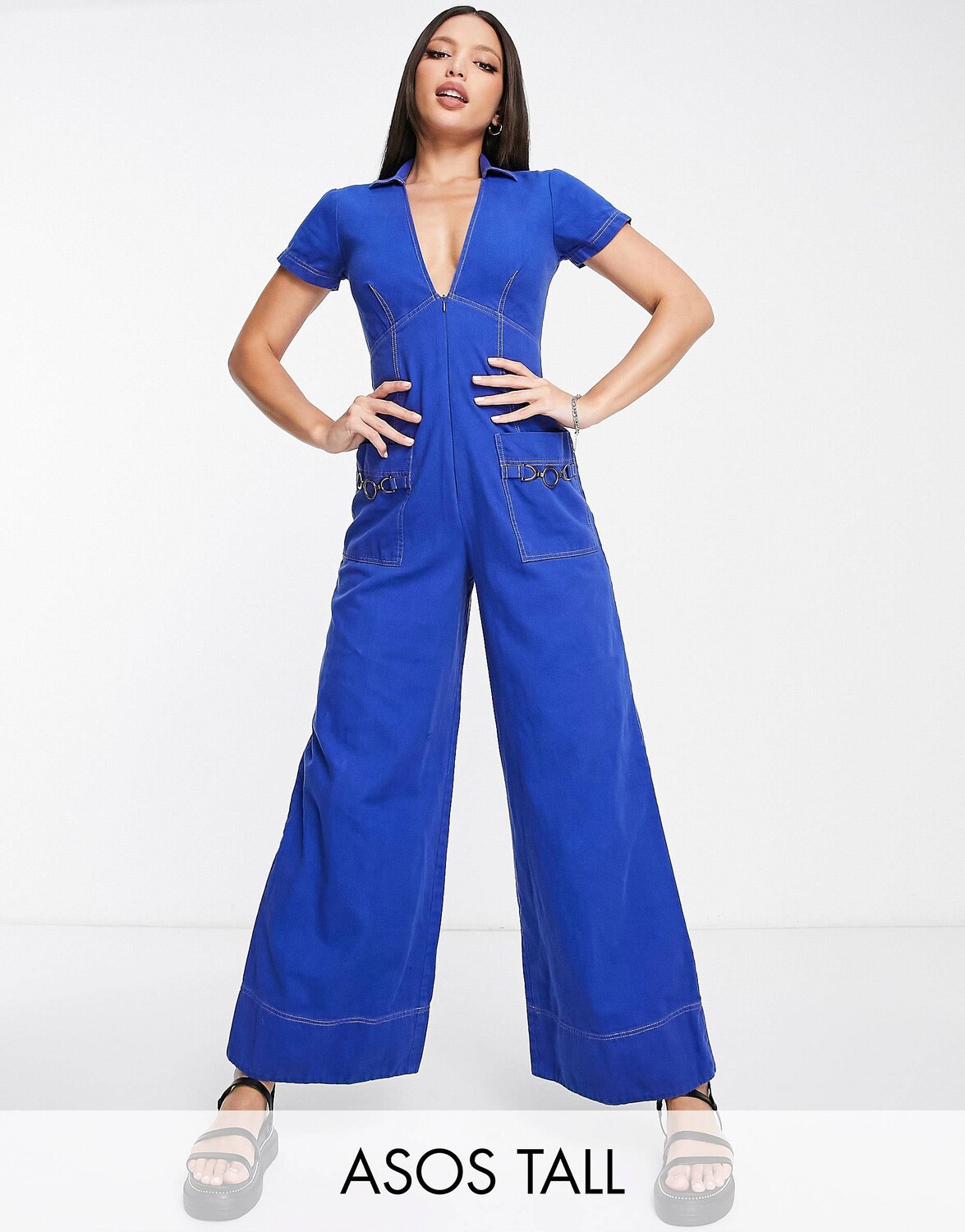 

Синий комбинезон с широкими штанинами и воротником из твила ASOS DESIGN Tall