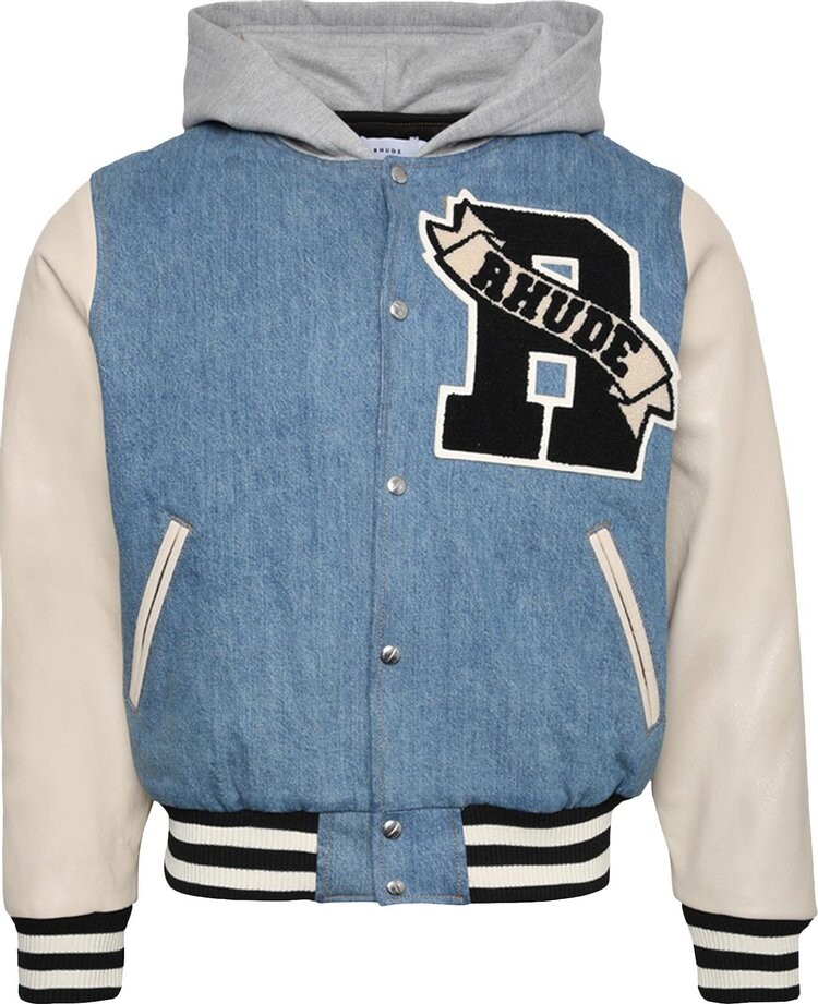 

Куртка Rhude Washed Denim Hooded Varsity Jacket 'Indigo/Creme', синий