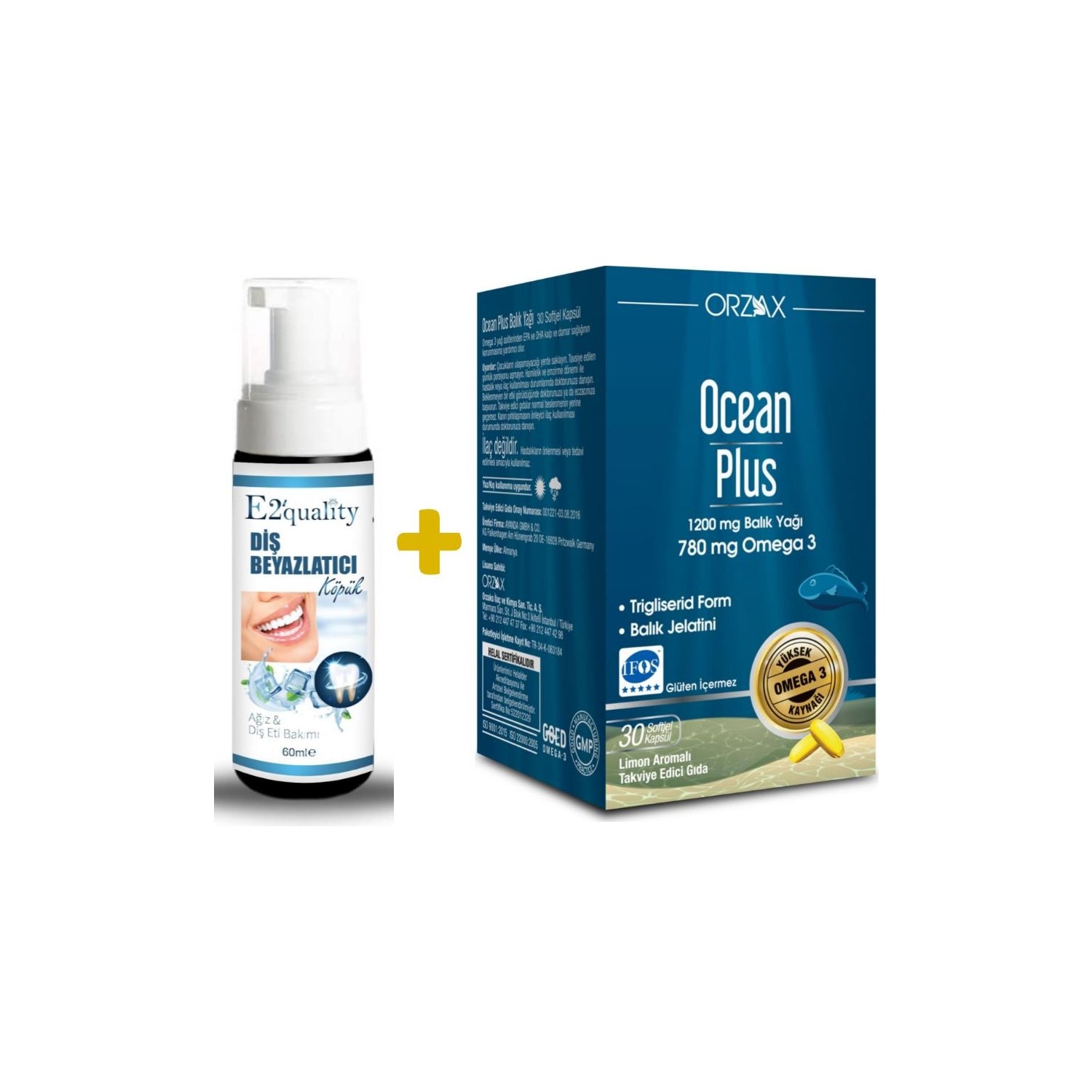 Отбеливающая пена для зубов Orzax E2' Quality + Пищевая добавка Orzax Ocean Plus, 30 капсул