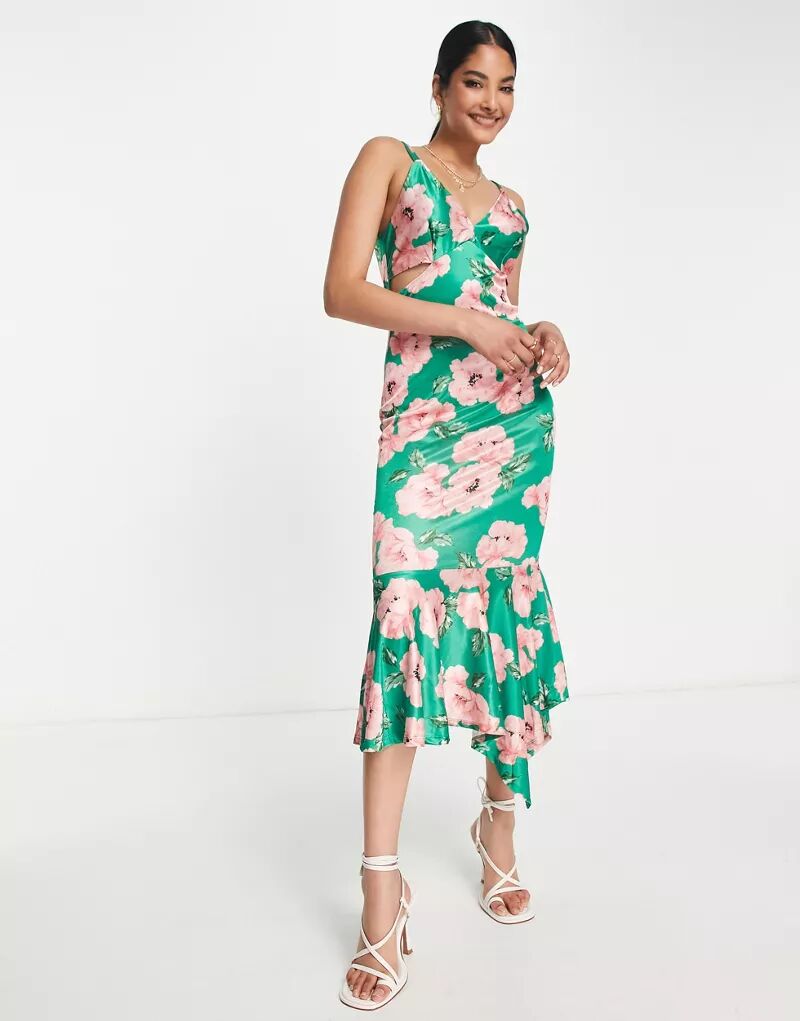 Атласное платье-комбинация миди с бретелями River Island зеленого цвета с цветочным принтом цена и фото