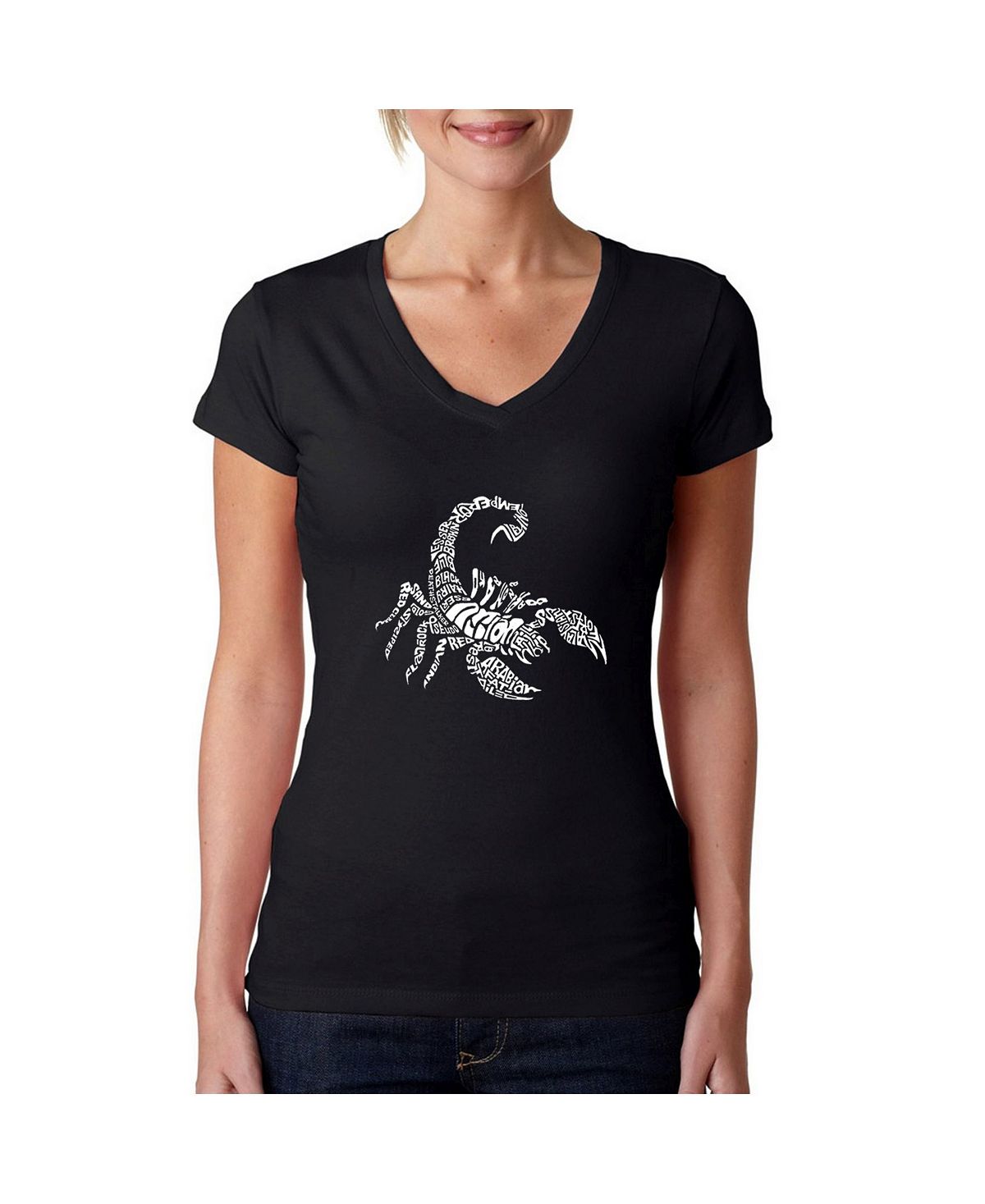 Женская футболка word art с v-образным вырезом - types of scorpions LA Pop Art, черный