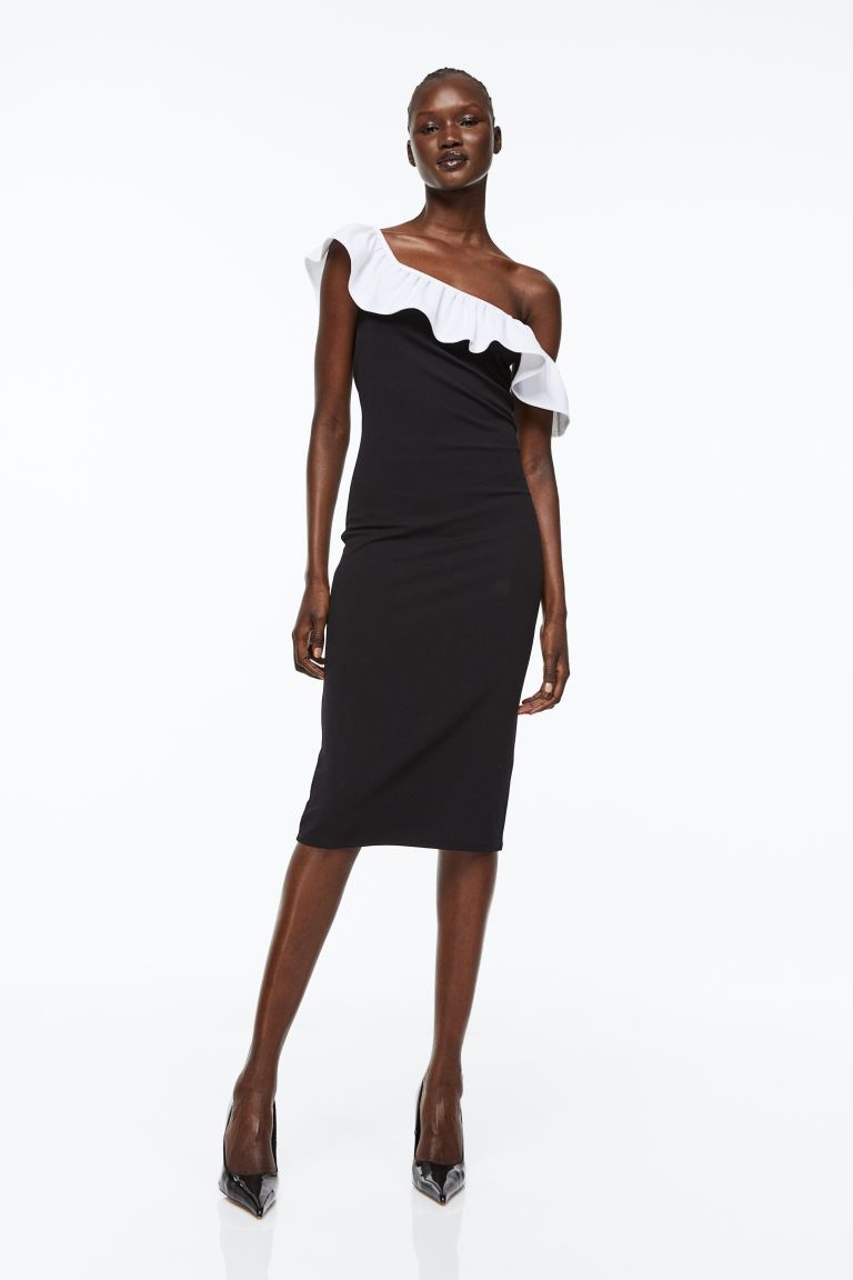 Платье с открытыми плечами и оборкой H&M, черный платье с открытыми плечами h