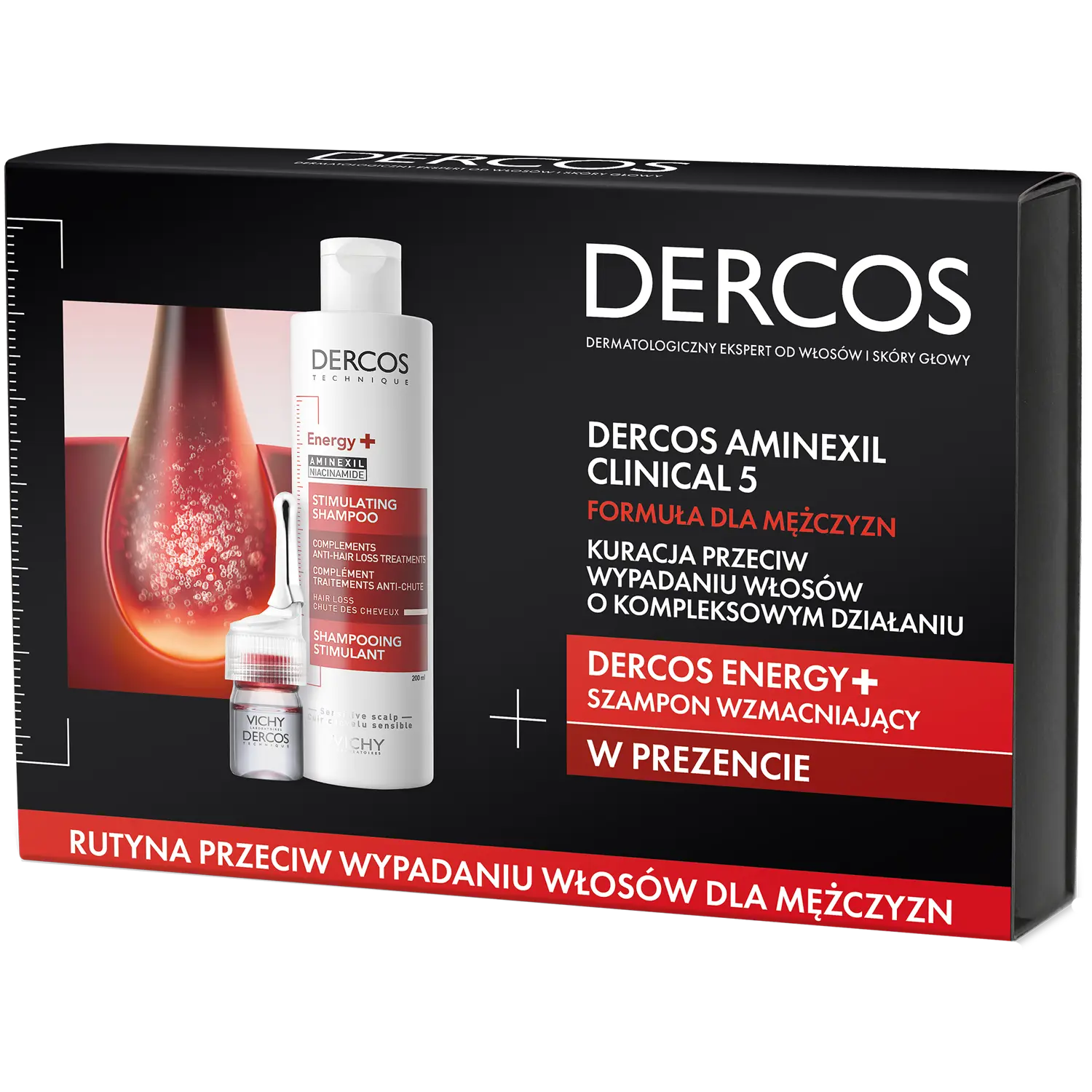 

Vichy Dercos Aminexil набор: укрепляющий шампунь для мужчин, 200 мл + средство против выпадения волос, 21x6 мл