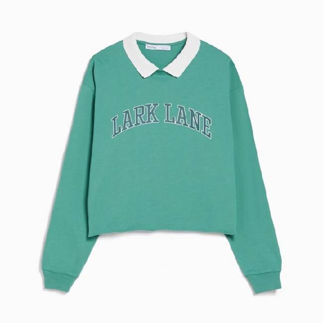 

Лонгслив Bershka Printed Polo Collar, зеленый