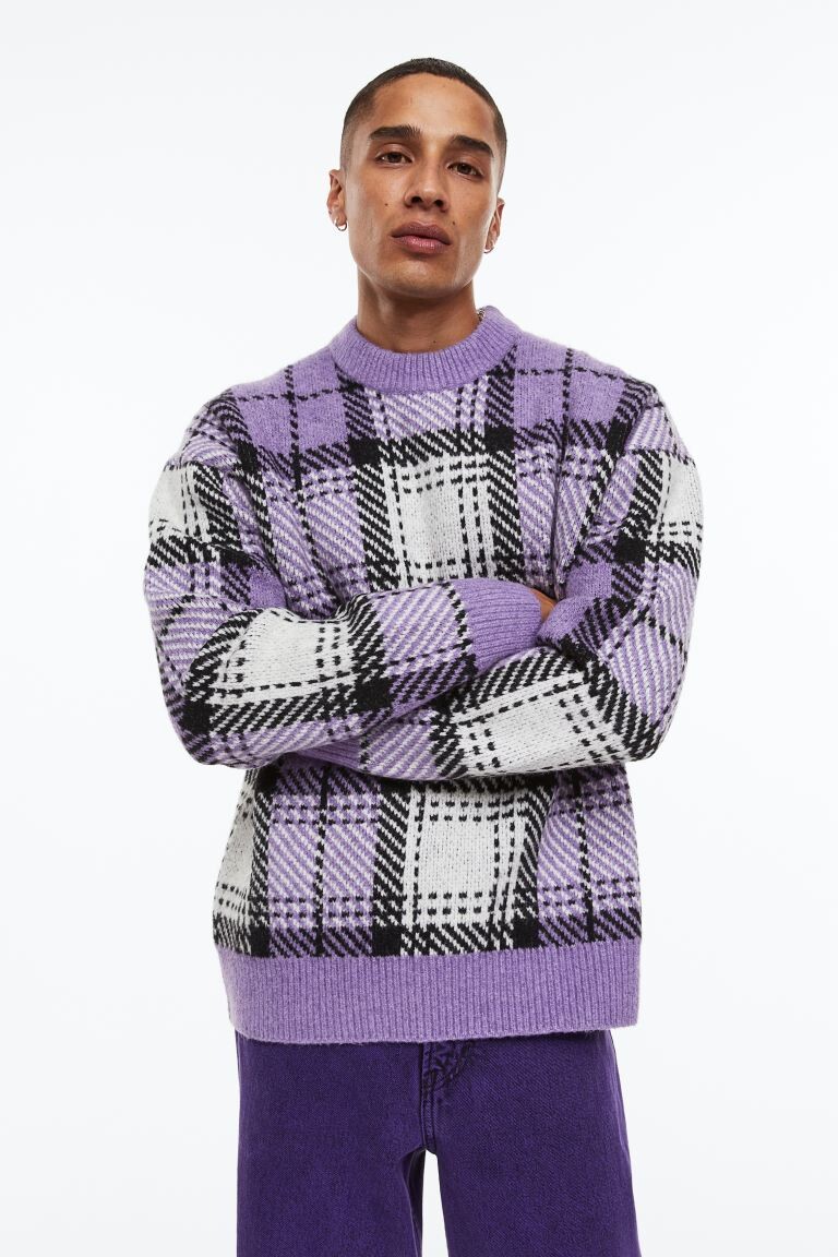 

Жаккардовый джемпер оверсайз H&M, фиолетовый/клетка