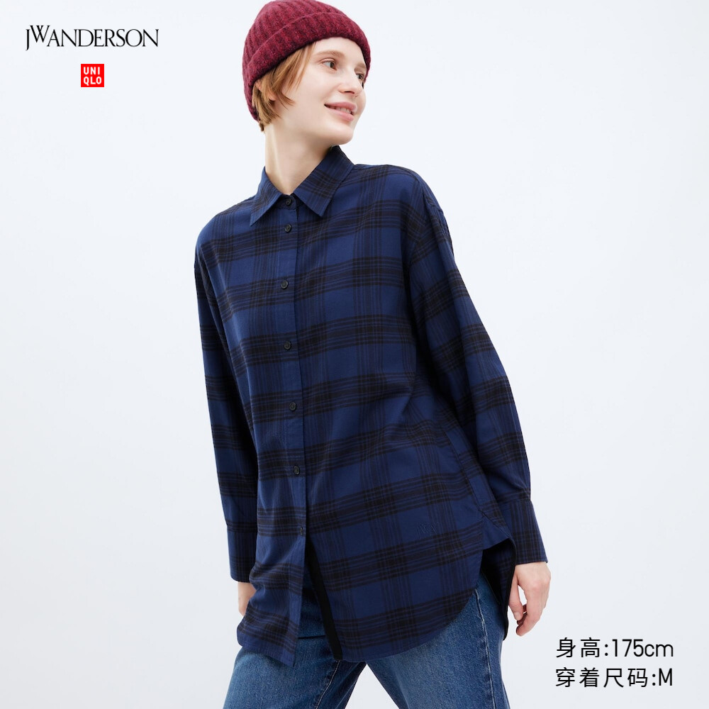 

Рубашка Uniqlo JWA длинная фланелевая в клетку, темно-синий