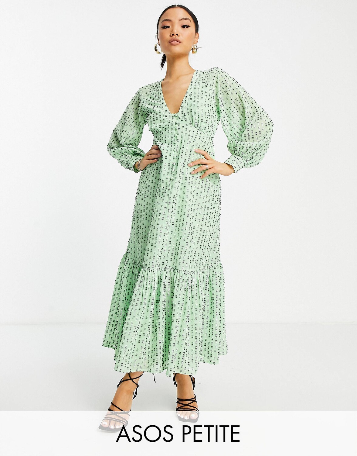

Зеленое чайное платье макси на пуговицах с эффектом металлик ASOS DESIGN Petite