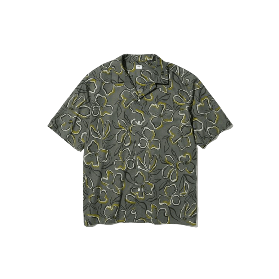 

Рубашка Uniqlo Cotton Blend Print Open Collar Cuban, оливковый