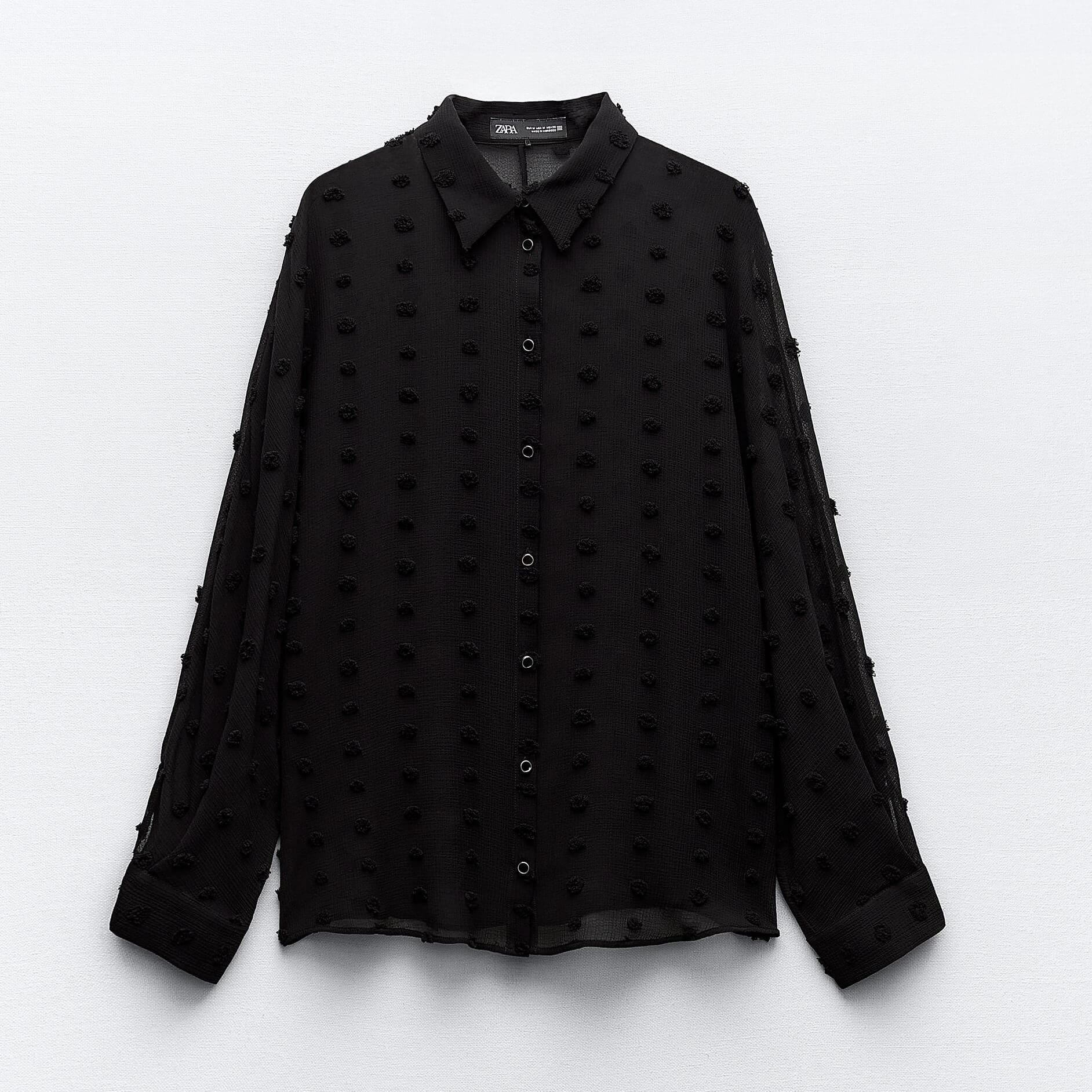 Рубашка Zara Semi-sheer Raised Polka Dot, черный рубашка zara embroidered floral semi sheer черный
