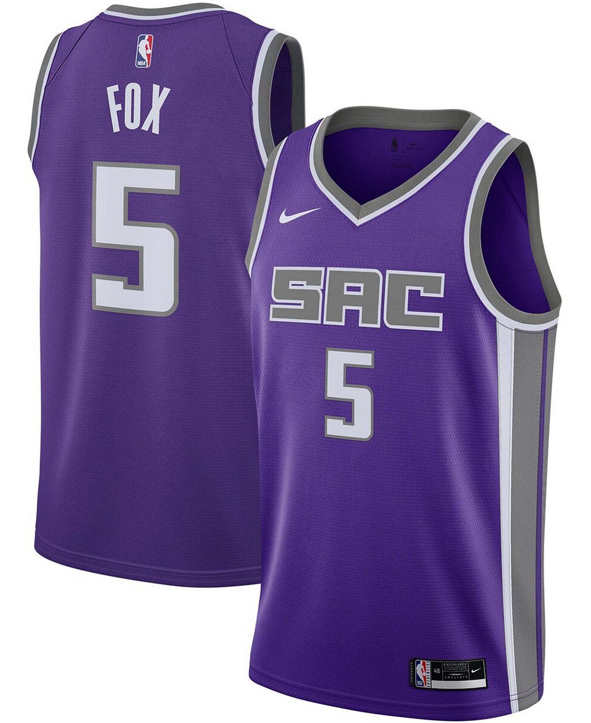 

Мужская футболка de'aaron fox purple sacramento kings 2020/21 swingman — выпуск icon Nike, фиолетовый