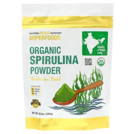 Органический порошок спирулины California Gold Nutrition Superfoods, 240 г sunny green сине зеленые водоросли 120 таблеток