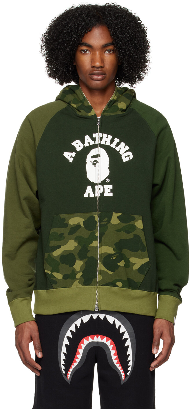 

Зеленый худи с камуфляжным принтом во всю молнию BAPE