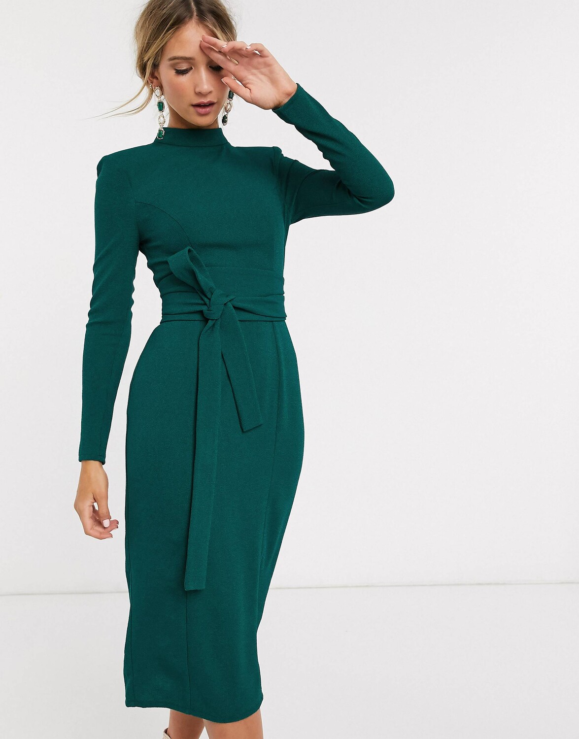 

Зеленое платье миди с длинными рукавами и поясом оби ASOS DESIGN