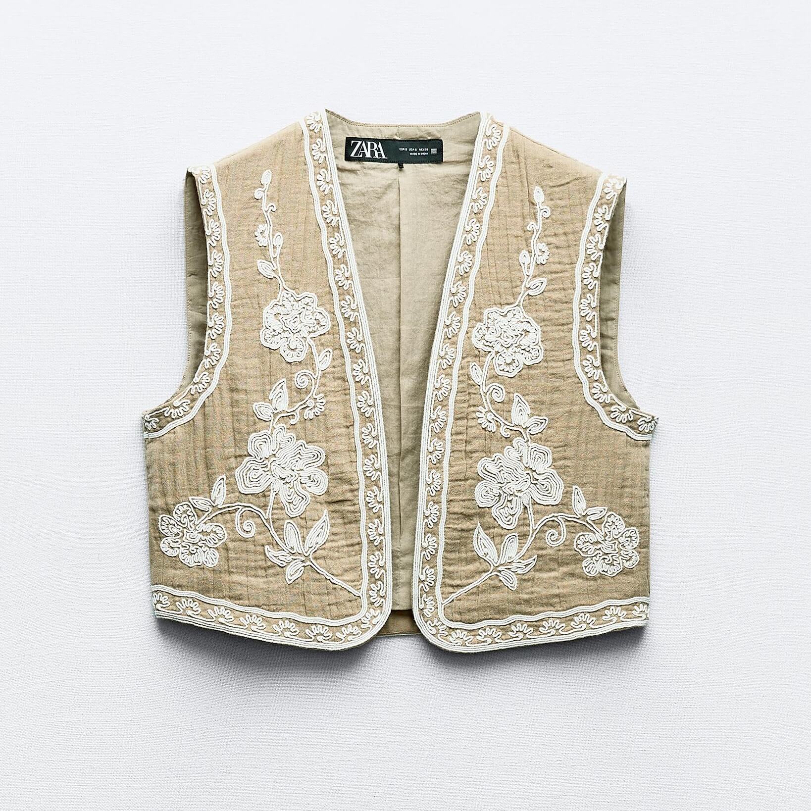 Жилет Zara Embroidered Short, светлый хаки
