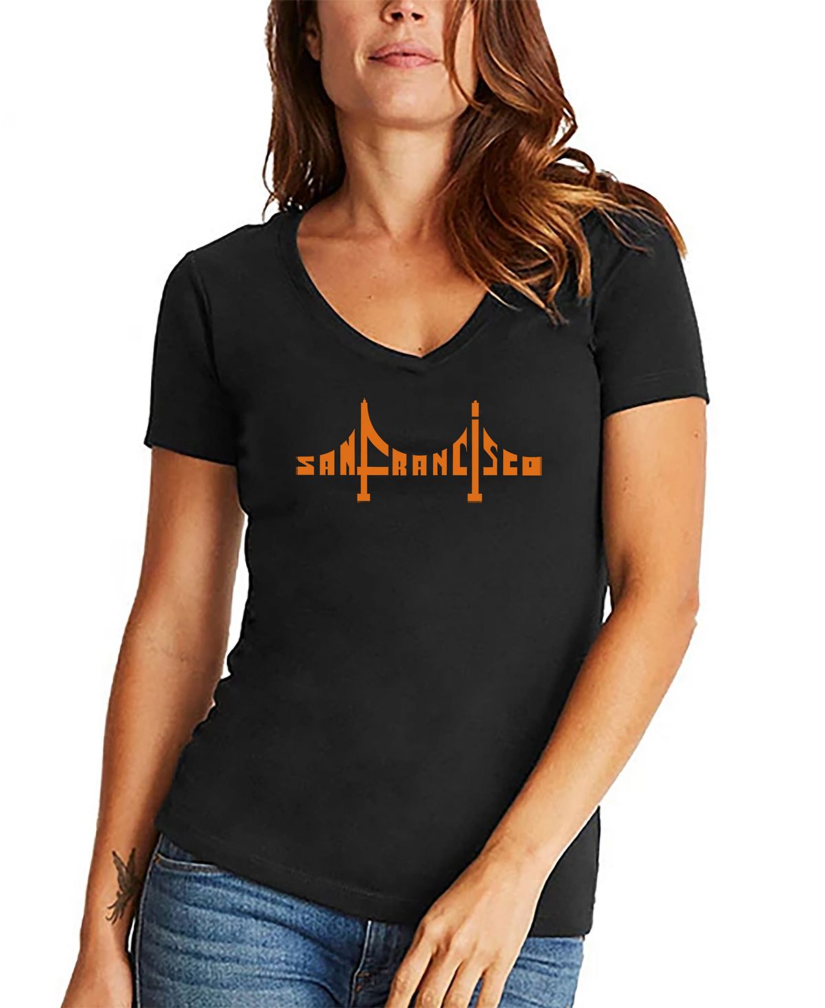 Женская футболка с v-образным вырезом и надписью мост сан-франциско LA Pop Art, черный