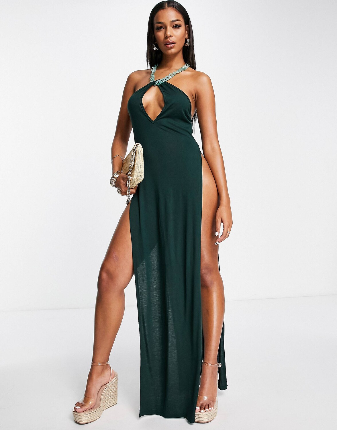 

Зеленое пляжное платье макси с цепочкой и высоким разрезом ASOS DESIGN