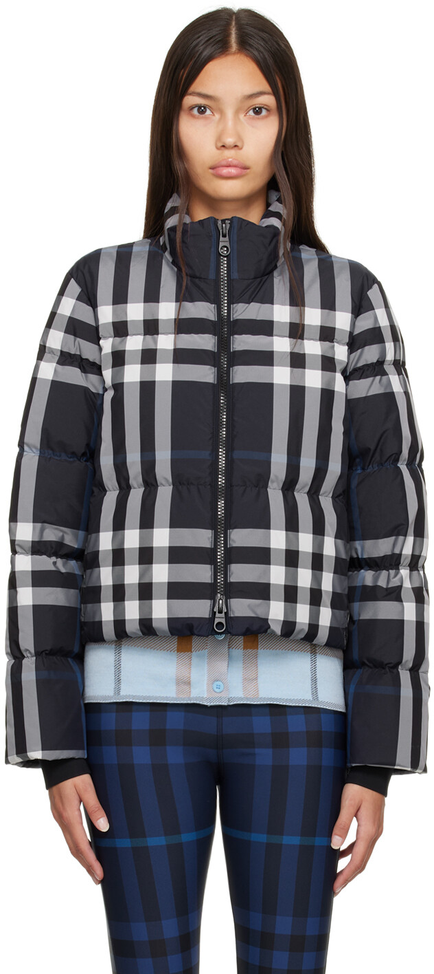 

Темно-синяя укороченная пуховая куртка в клетку Night Check Burberry, Синий