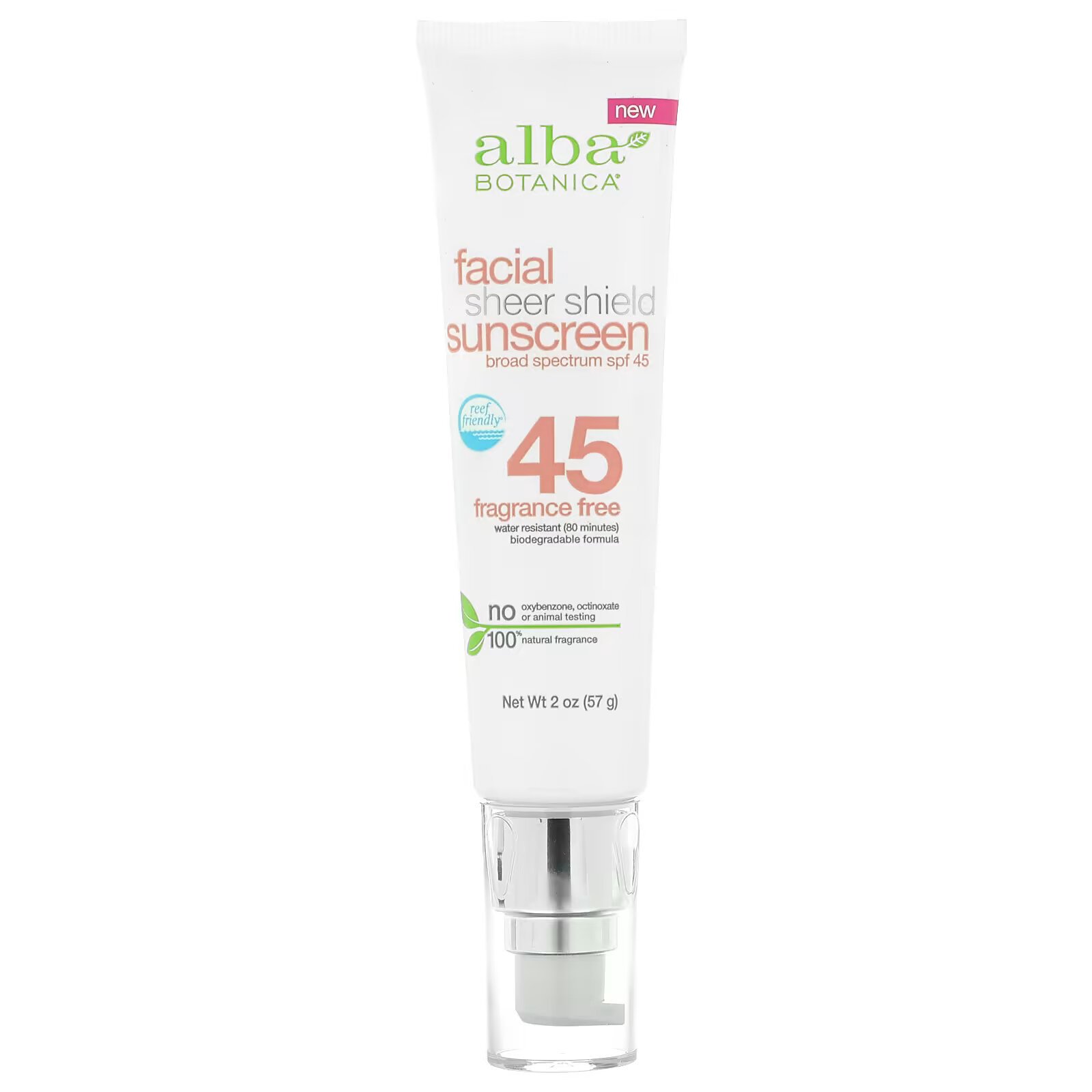 Alba Botanica, Sheer Shield, солнцезащитное средство для лица, SPF 45, без отдушек, 57 г (2 унции) - фото