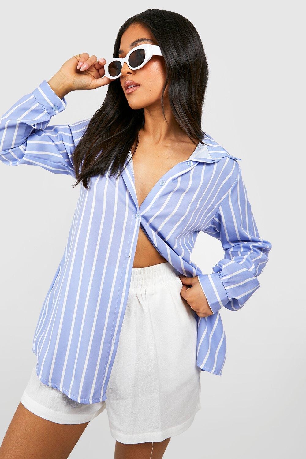 

Рубашка оверсайз из поплина petite Boohoo, синий