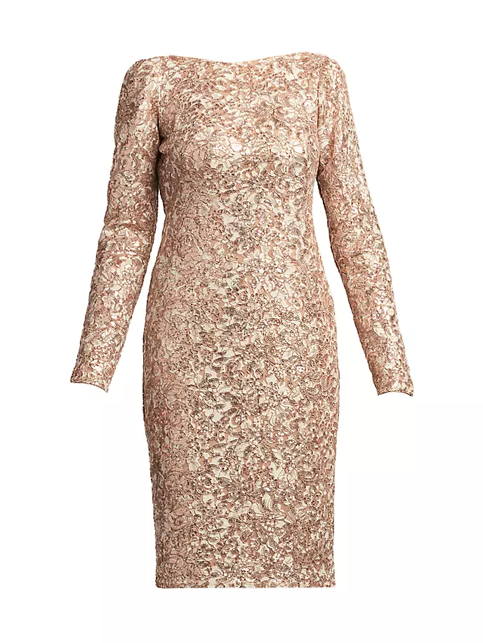 

Мини-платье с кружевом и длинными рукавами Tadashi Shoji, цвет champagne