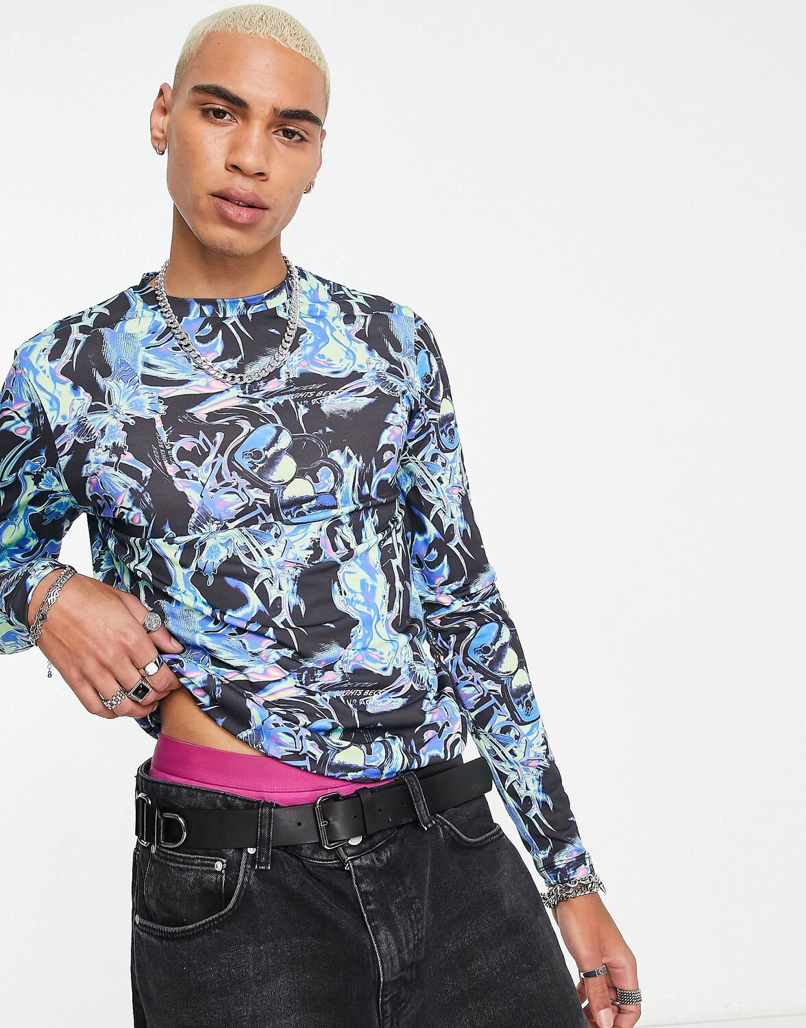 

Футболка с длинными рукавами облегающего кроя ASOS DESIGN со сплошным принтом, Серый