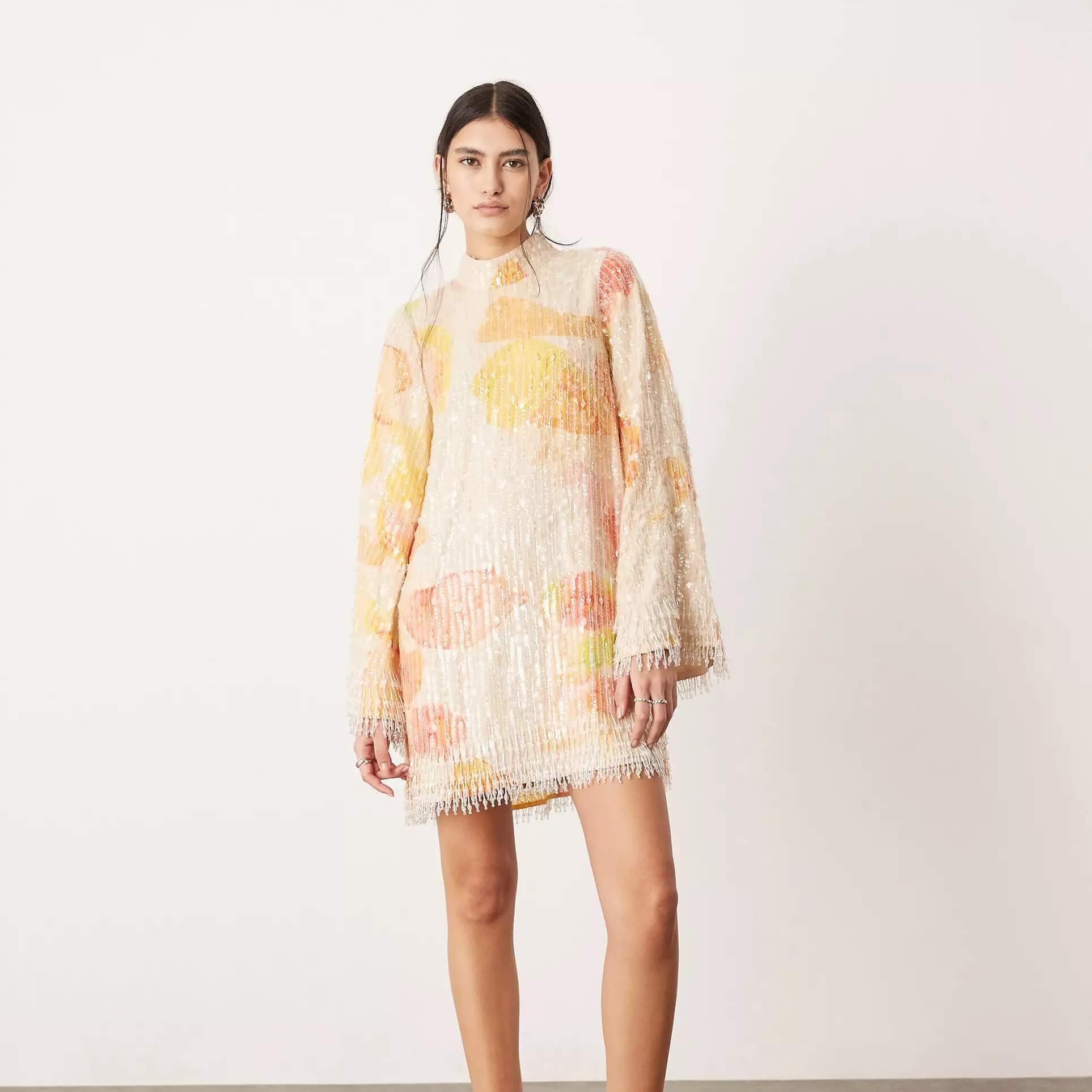Платье-мини Asos Edition High-necked Sequined And Fringed, бежевый/желтый/оранжевый цена и фото