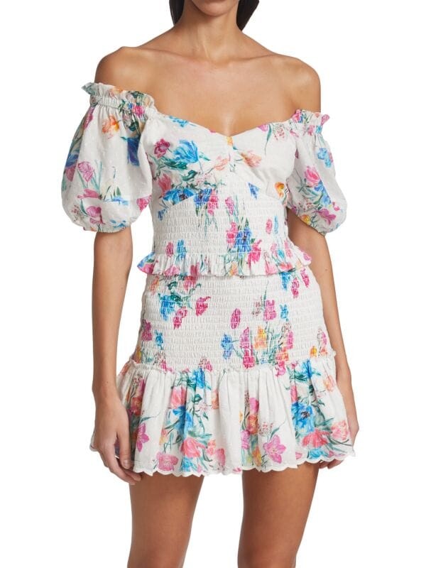 

Мини-платье из присборенного хлопка с цветочным принтом jarrah LoveShackFancy White