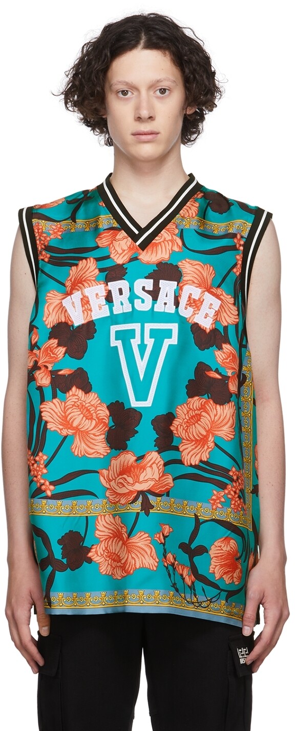 

Синяя шелковая футболка Versace, Синий