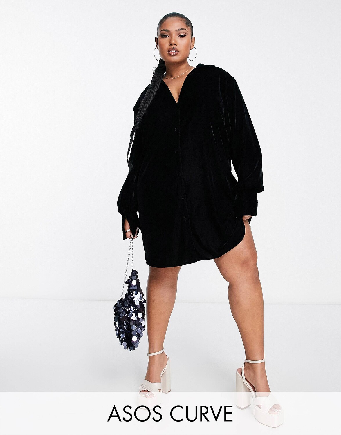 

Черное бархатное платье-рубашка с напуском ASOS DESIGN Curve