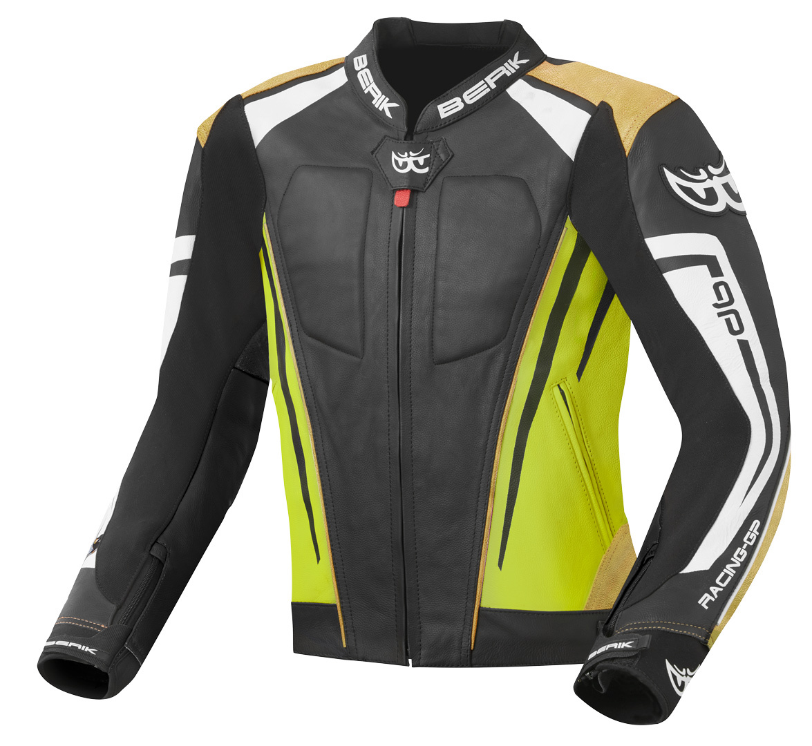 Мотоциклетная кожаная куртка Berik Striper Evo с двойной кожей на локтях и плечах, черный/желтый