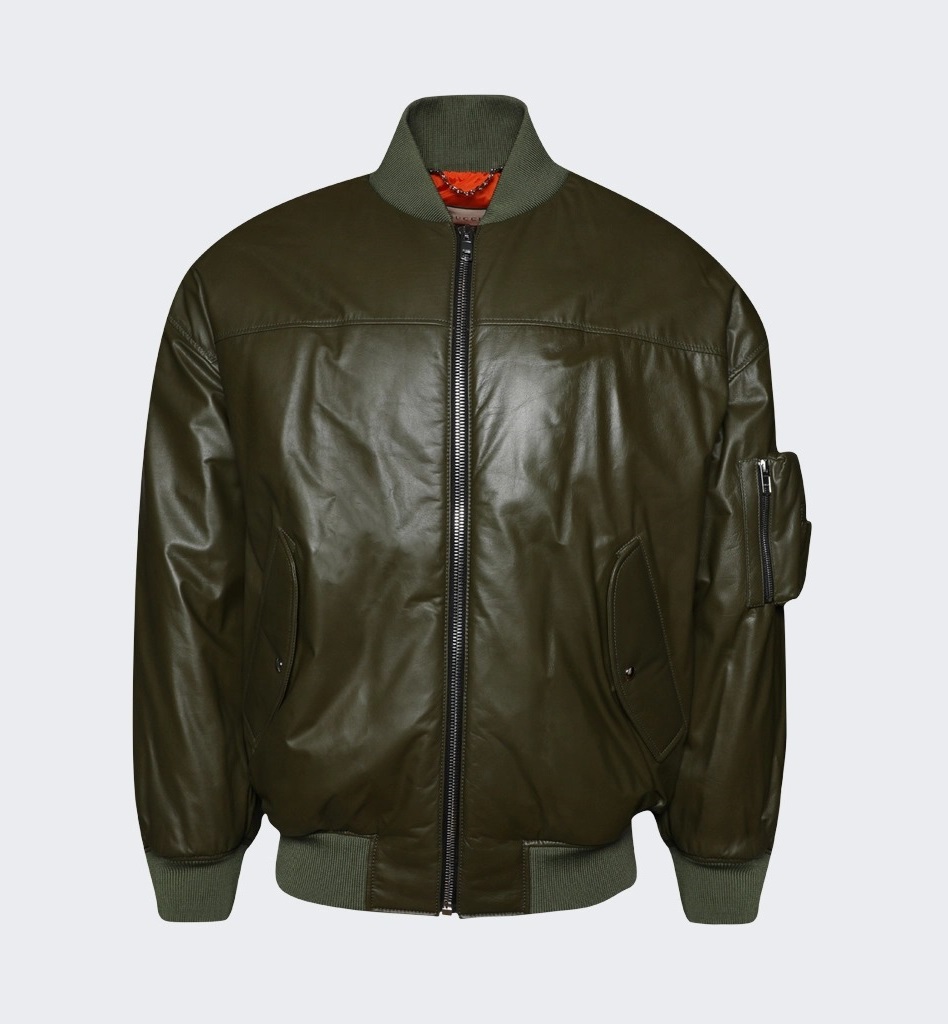 Куртка-бомбер Gucci Leather, зеленый темно синяя кожаная куртка бомбер со вставками boss