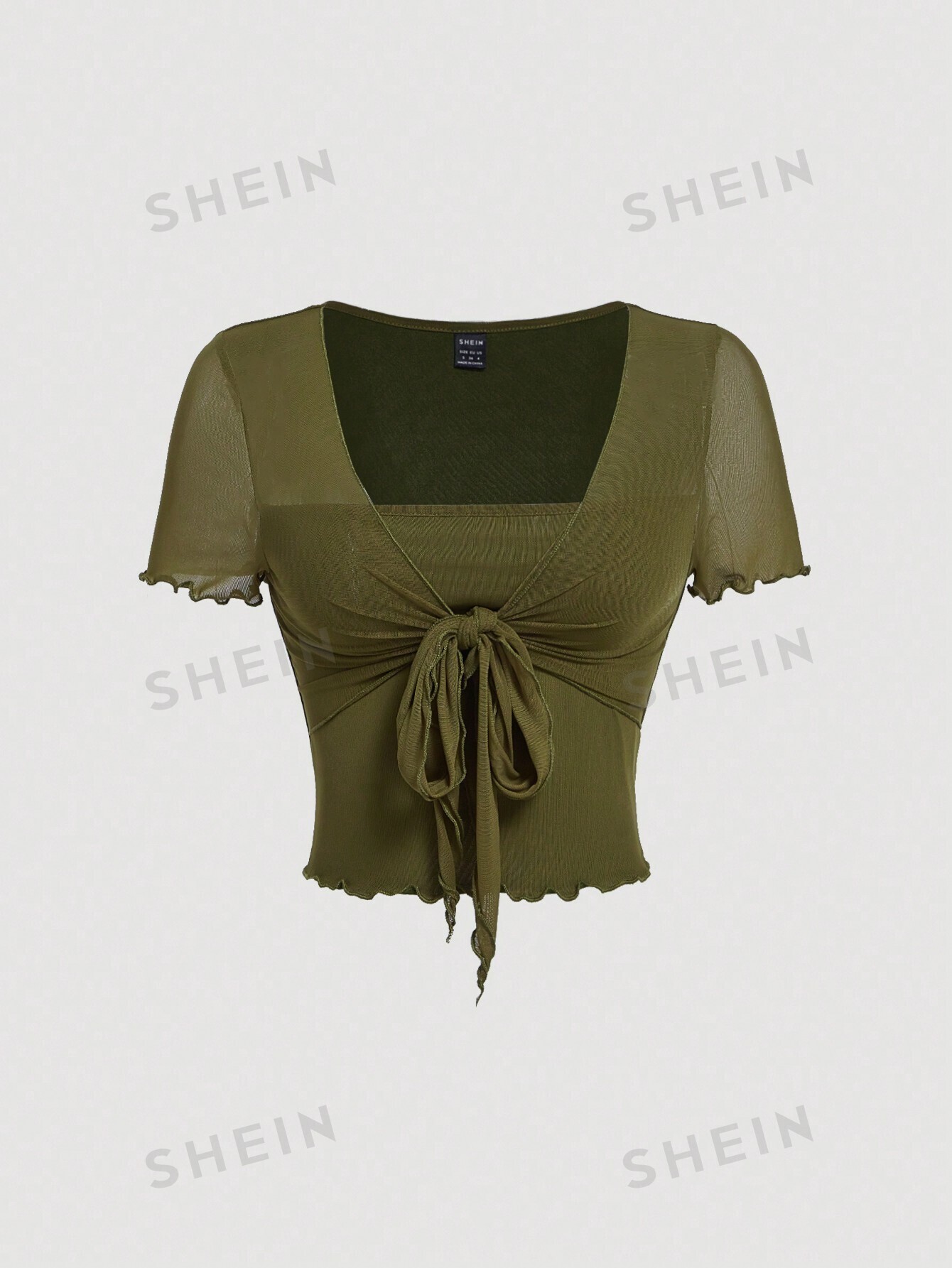цена SHEIN MOD Женская футболка из одноцветной сетки с завязками спереди, армейский зеленый
