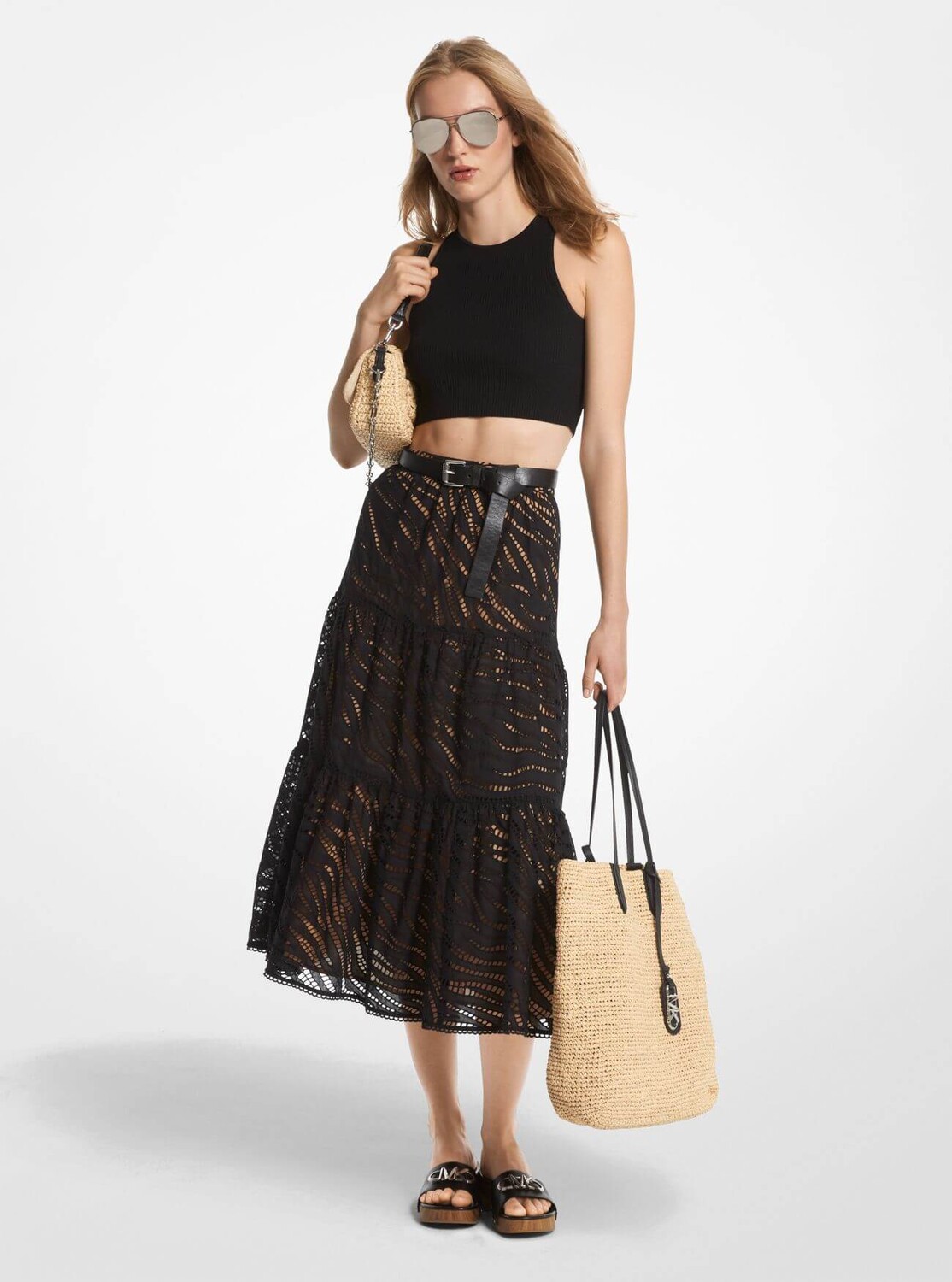 

Юбка миди Michael Michael Kors Zebra Eyelet Cotton Tiered, черный