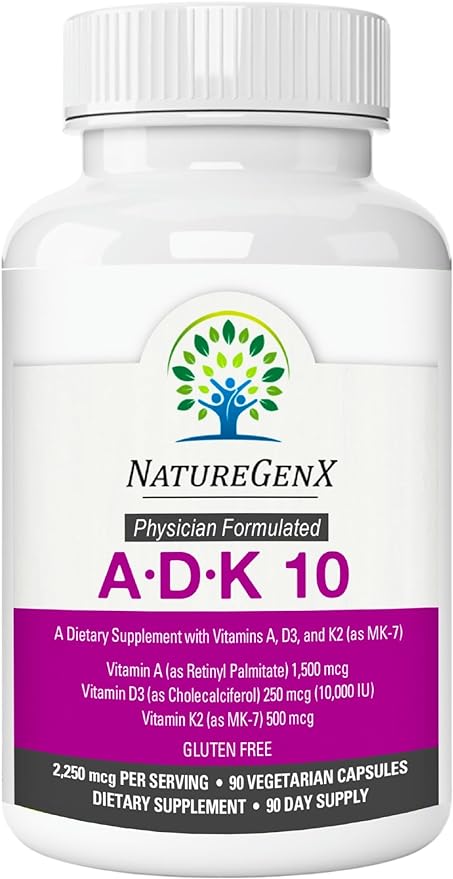 Добавка NatureGenX ADK 10 — витамины A, D3 и K2 — мощная 10 000 МЕ, 90 капсул