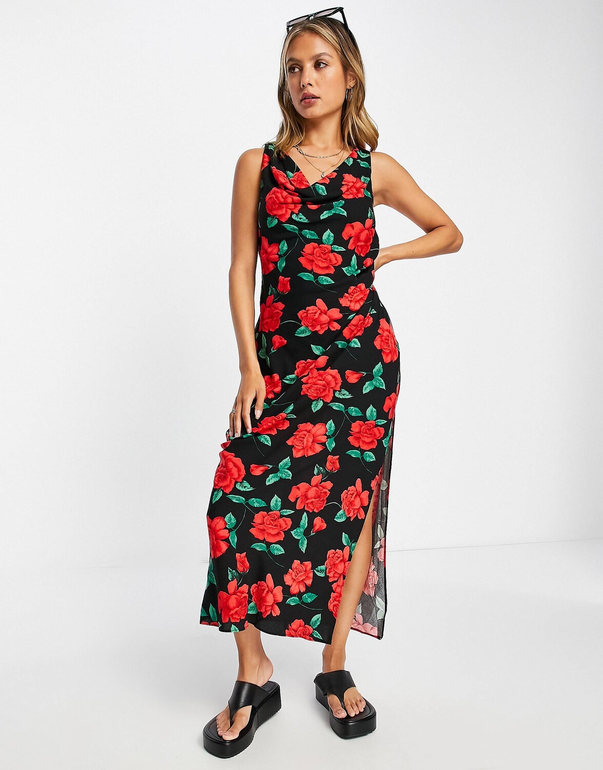 

Винтажное розовое платье миди с хомутом и сборками по бокам ASOS DESIGN, Розовый