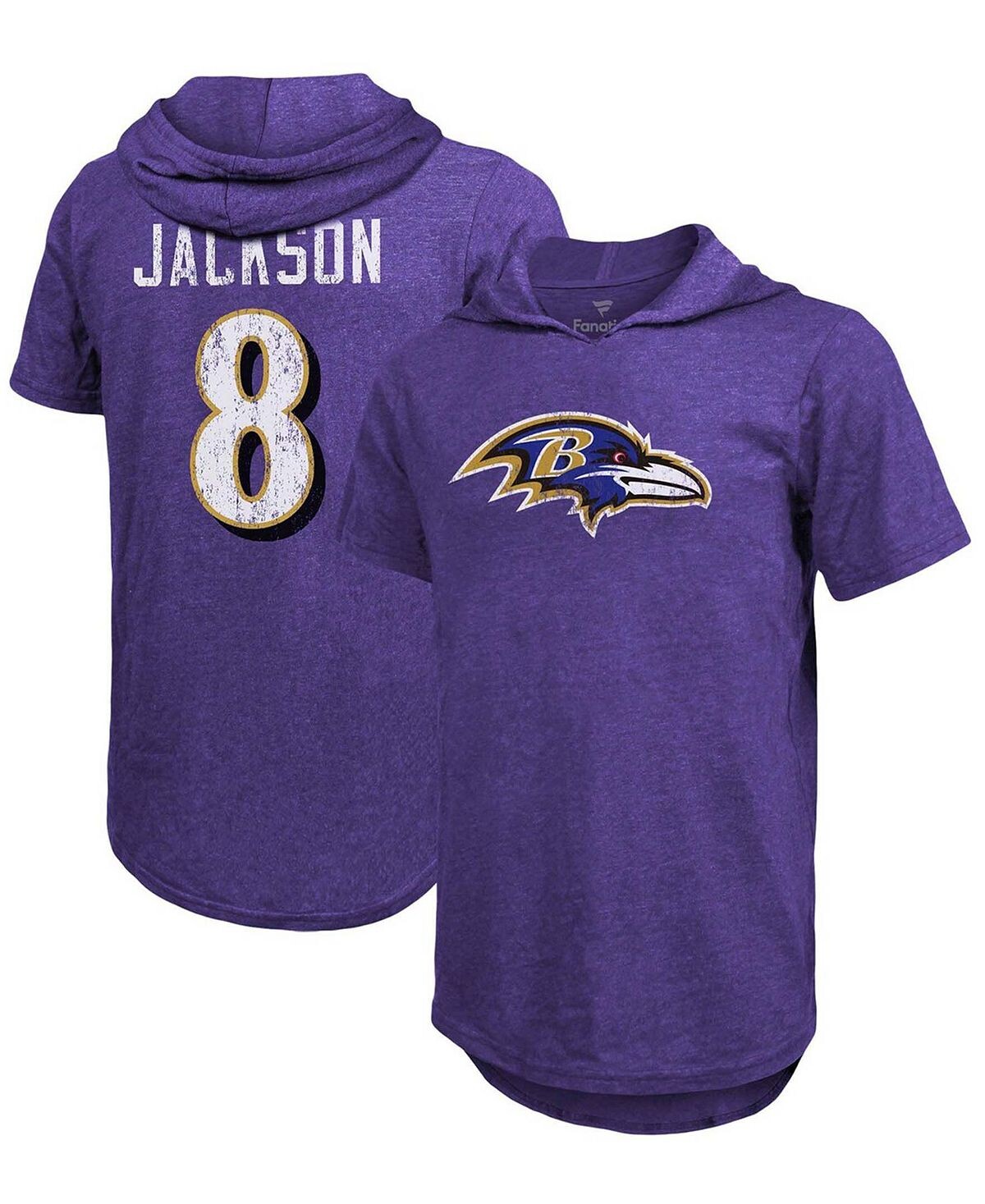 

Мужская футболка с капюшоном lamar jackson purple baltimore ravens с именем и номером игрока tri-blend Fanatics, фиолетовый