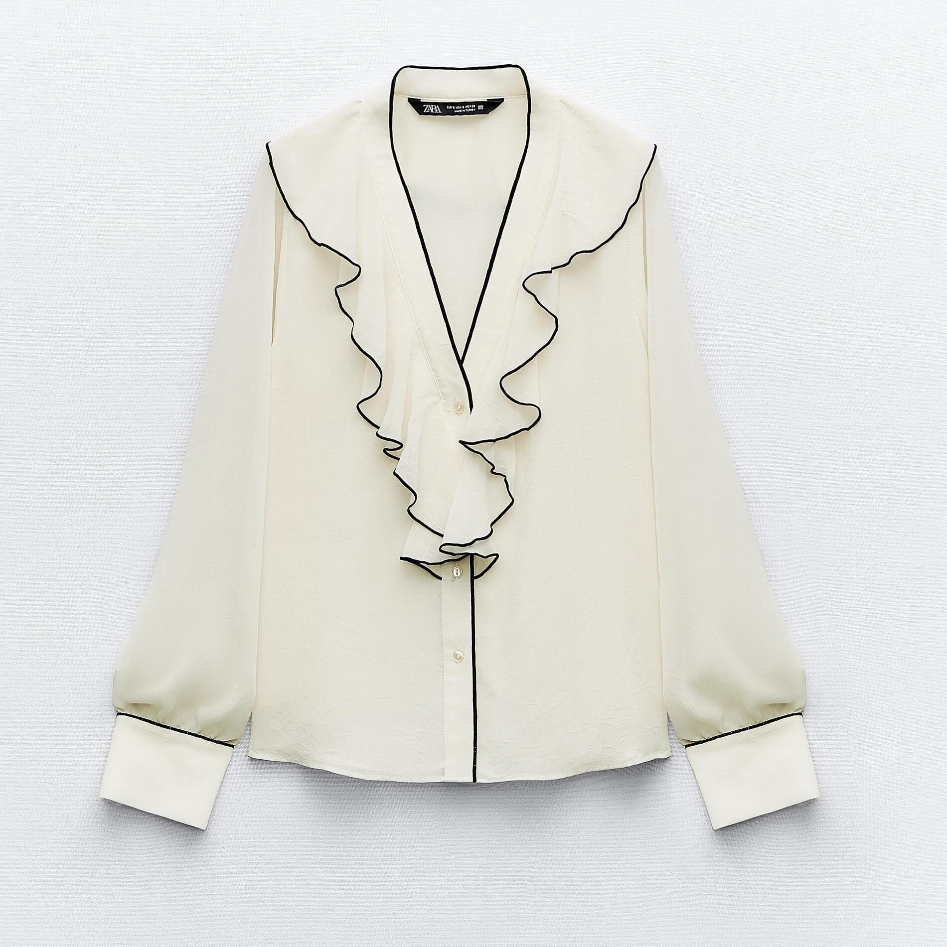 Блузка ZaraRuffled With Contrast Piping, светло-бежевый платье миди с v образным вырезом длинным рукавом фонариком и оборками